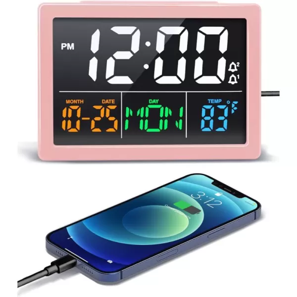 Digital Alarm Clock with 55quot Large LED Time Display Adjustable Alarm Volume 6 Level Brightness Alarm Settings USB Charger Temperature Detect Snooze Clocks for Bedroom Bedside Desk BlackPink