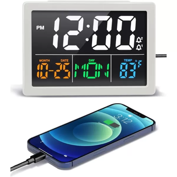 Digital Alarm Clock with 55quot Large LED Time Display Adjustable Alarm Volume 6 Level Brightness Alarm Settings USB Charger Temperature Detect Snooze Clocks for Bedroom Bedside Desk BlackWhite