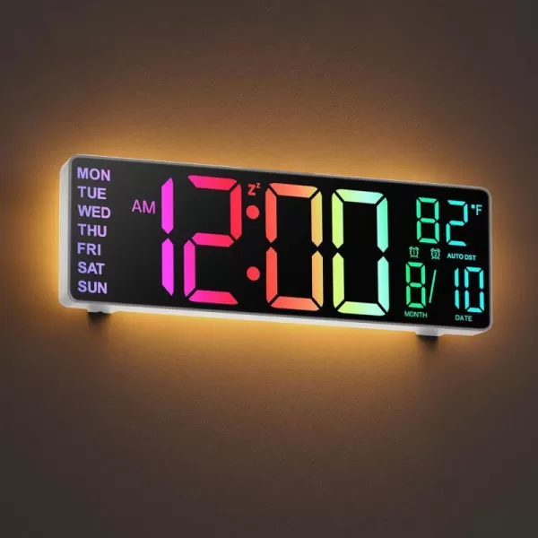 JALL 105 Large Digital Wall Clock with Remote Control Dual Alarm with Big LED Screen Dispaly 8 RGB Colors Auto DST Temperature for Living Room Bedroom Gift for Elderly Black 105 inchesWhite