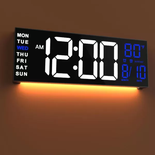 JALL 16quot Large Digital Wall Clock Timer Remote Controll 2 Alarms LED Display 8 RGB Color Auto DST Temperature for Living Room Bedroom Desk Mounted Gift for Elderly White Orange 16 inchesWhite Blue