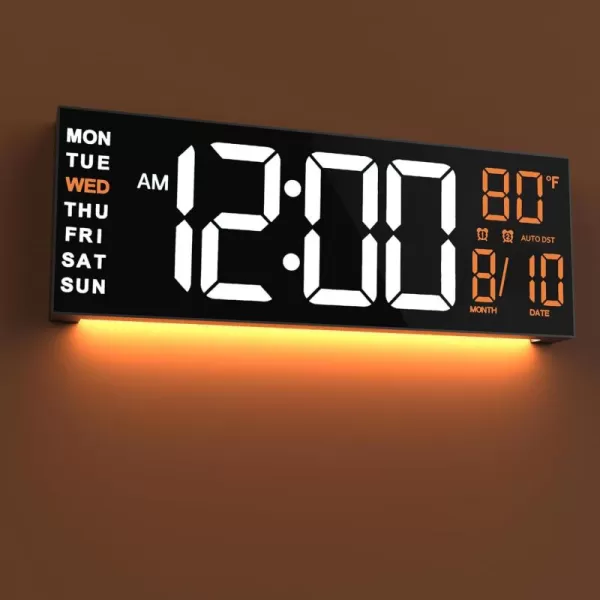 JALL 16quot Large Digital Wall Clock Timer Remote Controll 2 Alarms LED Display 8 RGB Color Auto DST Temperature for Living Room Bedroom Desk Mounted Gift for Elderly White Orange 16 inchesWhite Orange