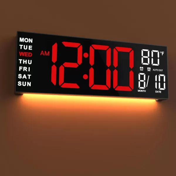 JALL 16quot Large Digital Wall Clock Timer Remote Controll 2 Alarms LED Display 8 RGB Color Auto DST Temperature for Living Room Bedroom Desk Mounted Gift for Elderly White Orange 16 inchesRed White