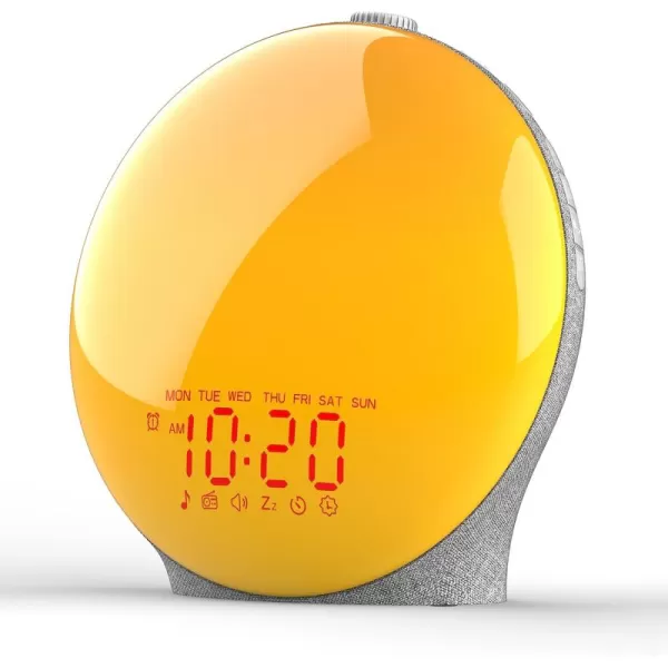 JALL Wake Up Light Sunrise Alarm Clock for Kids Bedroom Full Screen with Sunrise Simulation Dual Alarm FM Radio 15 Nightlights 8 Sounds Sleep TimerFabric Light Gray