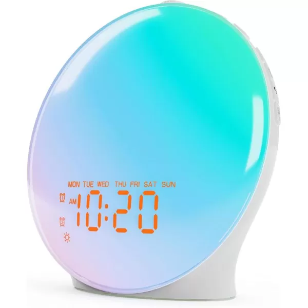 JALL Wake Up Light Sunrise Alarm Clock for Kids Bedroom Full Screen with Sunrise Simulation Dual Alarm FM Radio 15 Nightlights 8 Sounds Sleep TimerWhite