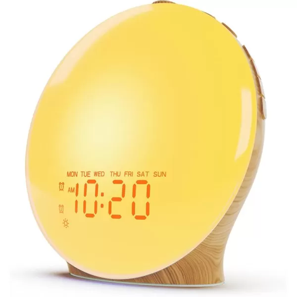 JALL Wake Up Light Sunrise Alarm Clock for Kids Bedroom Full Screen with Sunrise Simulation Dual Alarm FM Radio 15 Nightlights 8 Sounds Sleep TimerWood Grain