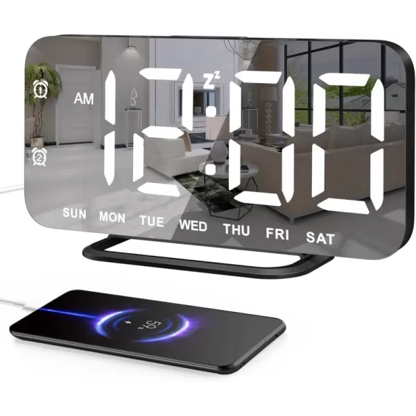 Super Slim LED Digital Alarm Clock Mirror Surface for Makeup with Diming Mode 4 Levels Brightness Large Display Easy Setting Dual USB Ports Modern Decoration for Home Bedroom Decor WhiteBlack