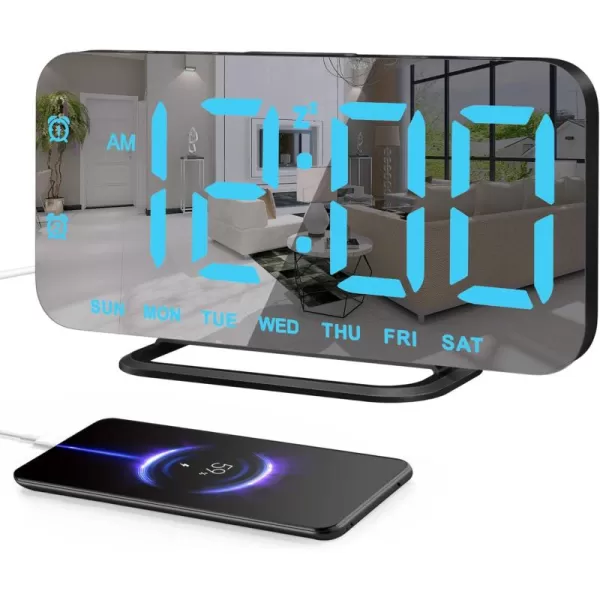 Super Slim LED Digital Alarm Clock Mirror Surface for Makeup with Diming Mode 4 Levels Brightness Large Display Easy Setting Dual USB Ports Modern Decoration for Home Bedroom Decor WhiteBlack  Blue