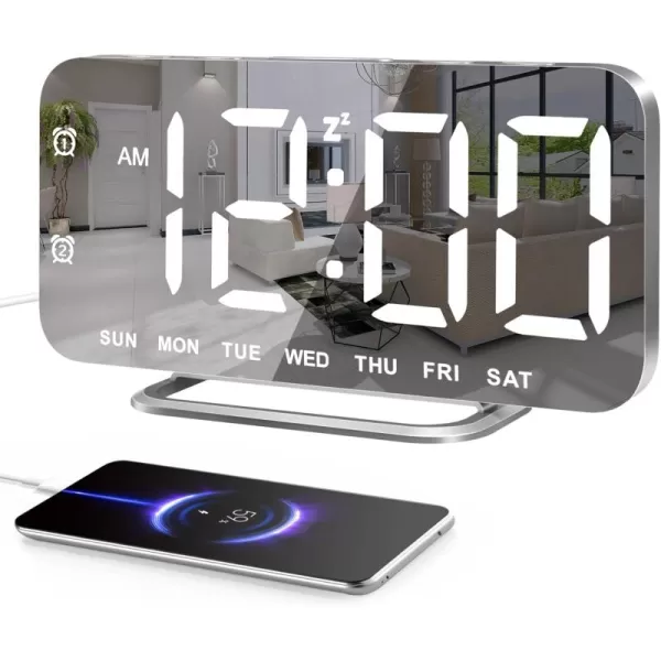 Super Slim LED Digital Alarm Clock Mirror Surface for Makeup with Diming Mode 4 Levels Brightness Large Display Easy Setting Dual USB Ports Modern Decoration for Home Bedroom Decor WhiteSilver