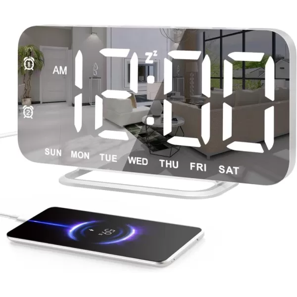 Super Slim LED Digital Alarm Clock Mirror Surface for Makeup with Diming Mode 4 Levels Brightness Large Display Easy Setting Dual USB Ports Modern Decoration for Home Bedroom Decor WhiteWhite