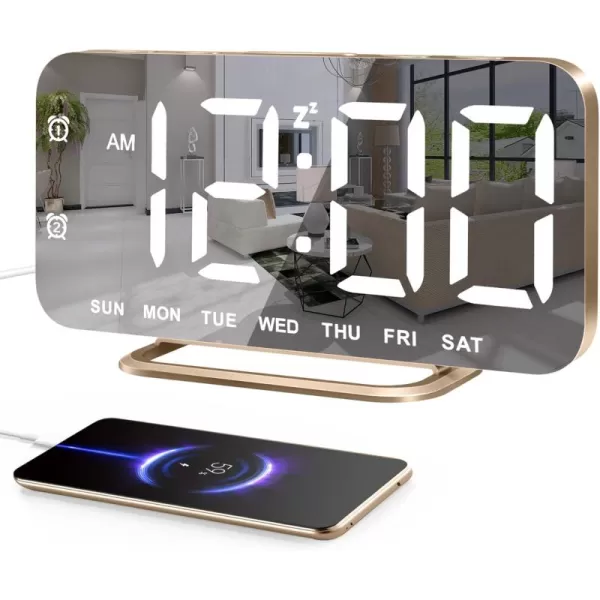 Super Slim LED Digital Alarm Clock Mirror Surface for Makeup with Diming Mode 4 Levels Brightness Large Display Easy Setting Dual USB Ports Modern Decoration for Home Bedroom Decor WhiteGold