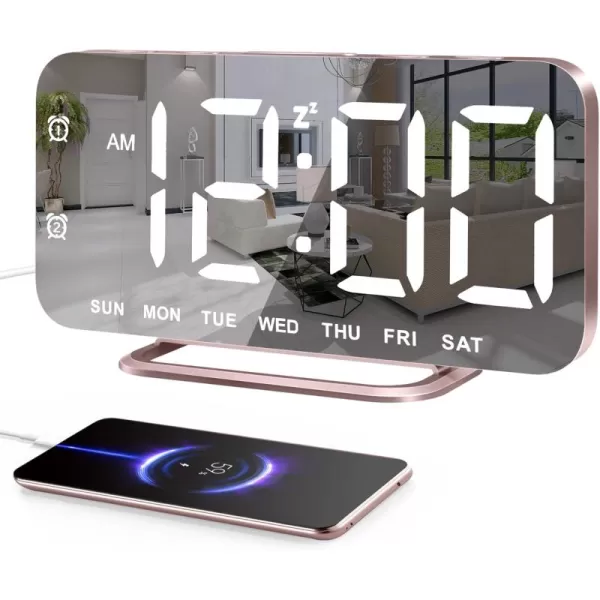 Super Slim LED Digital Alarm Clock Mirror Surface for Makeup with Diming Mode 4 Levels Brightness Large Display Easy Setting Dual USB Ports Modern Decoration for Home Bedroom Decor WhiteRosegold