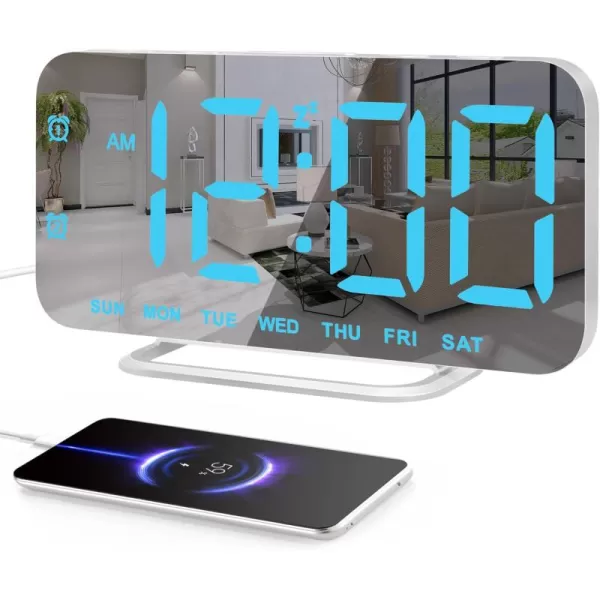 Super Slim LED Digital Alarm Clock Mirror Surface for Makeup with Diming Mode 4 Levels Brightness Large Display Easy Setting Dual USB Ports Modern Decoration for Home Bedroom Decor WhiteWhite  Blue