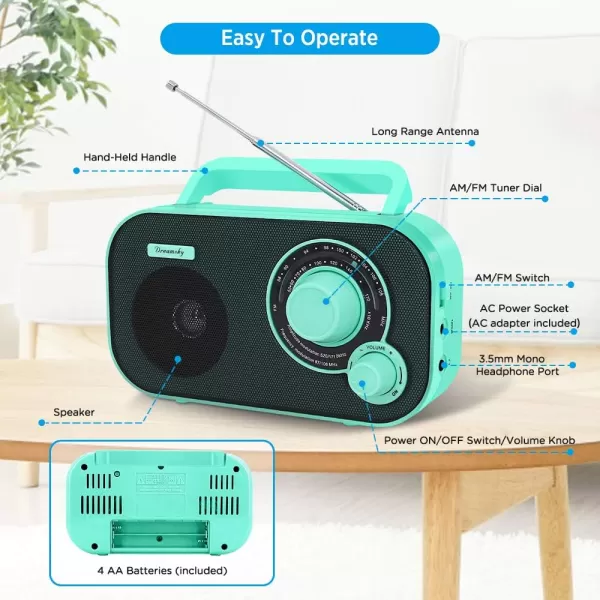 DreamSky AM FM Portable Radio Plug in Wall or Battery Operated for Home ampamp Outdoor Strong Reception Large Dial Easy to Use Transistor Antenna Headphone Jack Small Gifts for Seniors ElderlyGreen