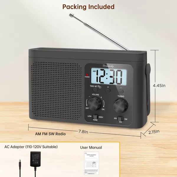 DreamSky AM FM Radio Portable  Shortwave Radio Battery Powered or Plug in Wall for Home Outdoor Strong Reception Large Dial Easy to Use Digital Time Display Transistor Antenna Seniors Small GfitBlack