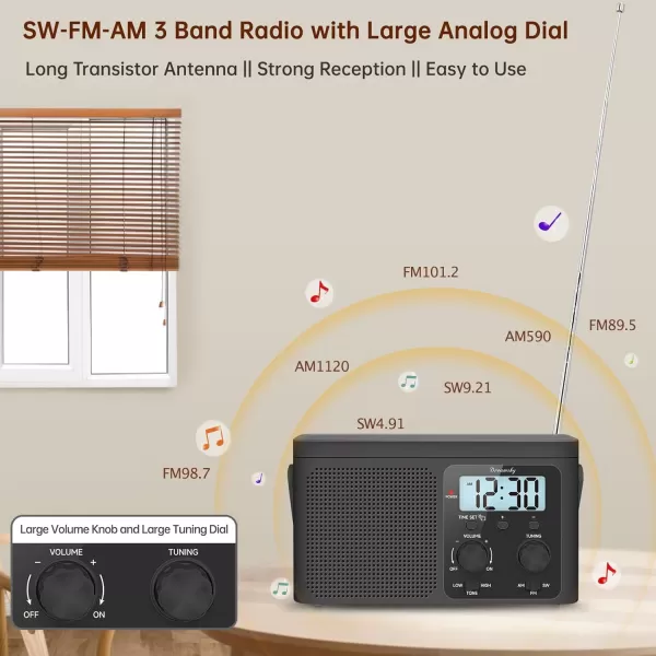 DreamSky AM FM Radio Portable  Shortwave Radio Battery Powered or Plug in Wall for Home Outdoor Strong Reception Large Dial Easy to Use Digital Time Display Transistor Antenna Seniors Small GfitBlack