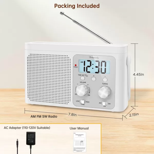 DreamSky AM FM Radio Portable  Shortwave Radio Battery Powered or Plug in Wall for Home Outdoor Strong Reception Large Dial Easy to Use Digital Time Display Transistor Antenna Seniors Small GfitWhite