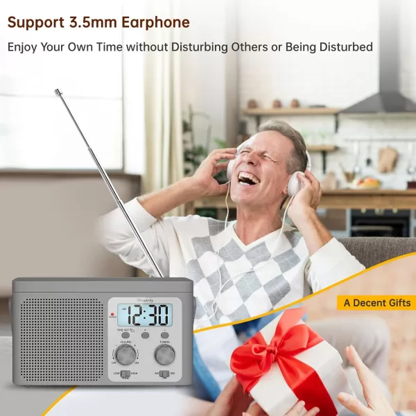 DreamSky AM FM Radio Portable  Shortwave Radio Battery Powered or Plug in Wall for Home Outdoor Strong Reception Large Dial Easy to Use Digital Time Display Transistor Antenna Seniors Small GfitGrey