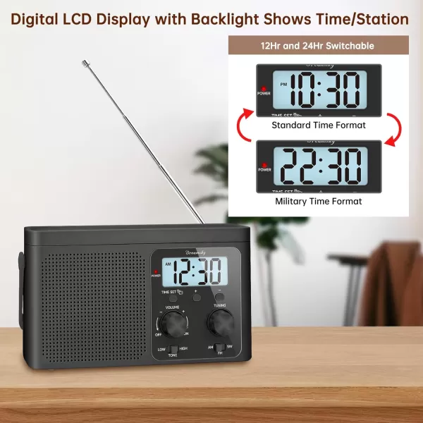 DreamSky AM FM Radio Portable  Shortwave Radio Battery Powered or Plug in Wall for Home Outdoor Strong Reception Large Dial Easy to Use Digital Time Display Transistor Antenna Seniors Small GfitBlack