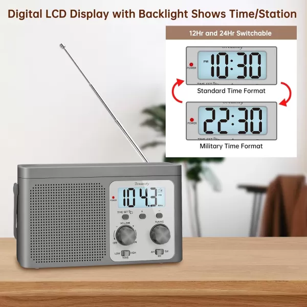 DreamSky AM FM Radio Portable  Shortwave Radio Battery Powered or Plug in Wall for Home Outdoor Strong Reception Large Dial Easy to Use Digital Time Display Transistor Antenna Seniors Small GfitGrey