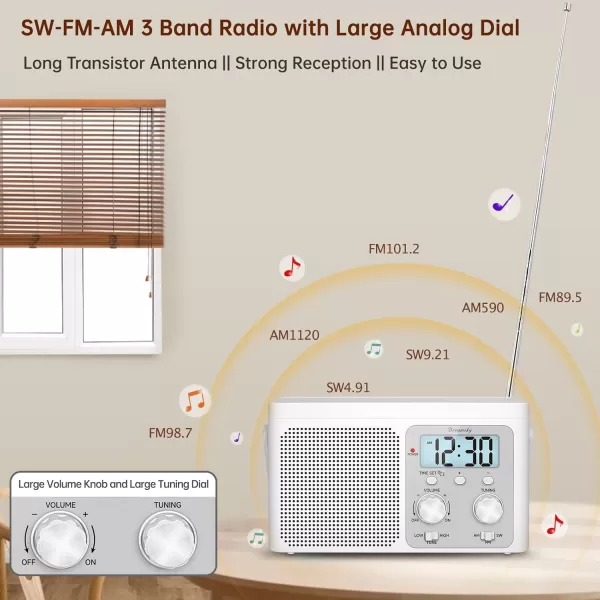 DreamSky AM FM Radio Portable  Shortwave Radio Battery Powered or Plug in Wall for Home Outdoor Strong Reception Large Dial Easy to Use Digital Time Display Transistor Antenna Seniors Small GfitWhite