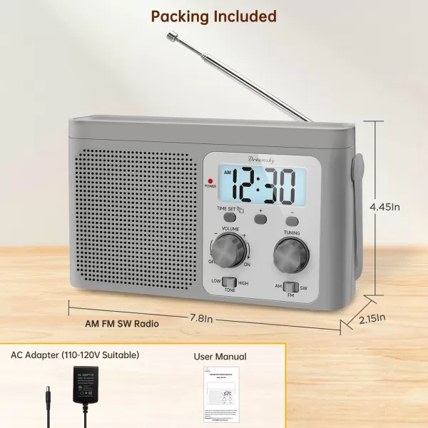 DreamSky AM FM Radio Portable  Shortwave Radio Battery Powered or Plug in Wall for Home Outdoor Strong Reception Large Dial Easy to Use Digital Time Display Transistor Antenna Seniors Small GfitGrey