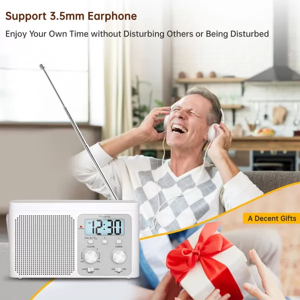 DreamSky AM FM Radio Portable  Shortwave Radio Battery Powered or Plug in Wall for Home Outdoor Strong Reception Large Dial Easy to Use Digital Time Display Transistor Antenna Seniors Small GfitWhite