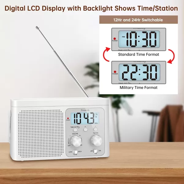 DreamSky AM FM Radio Portable  Shortwave Radio Battery Powered or Plug in Wall for Home Outdoor Strong Reception Large Dial Easy to Use Digital Time Display Transistor Antenna Seniors Small GfitWhite