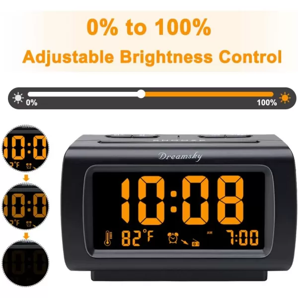 DreamSky Alarm Clock Radios for Bedrooms with Battery Backup Large Big Numbers with Brightness Dimmer USB Port Bedside Digital FM Radio with Sleep Timer Temperature Adjustable Volume SnoozeOrange