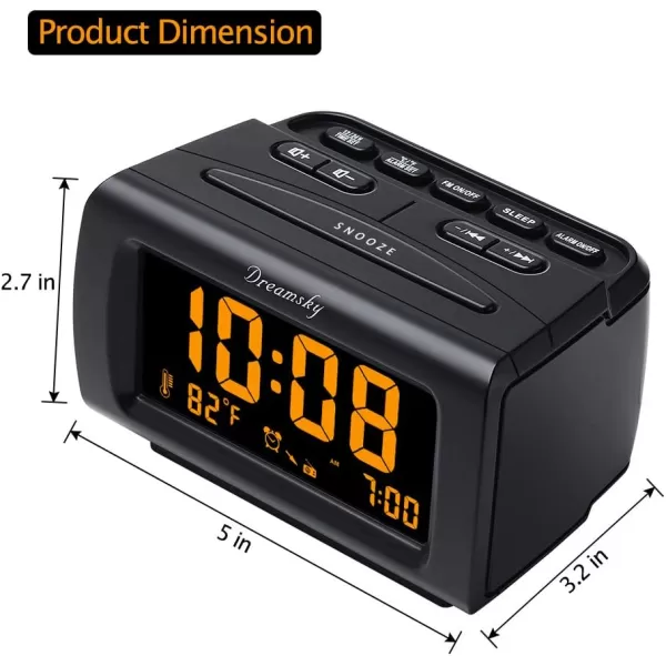 DreamSky Alarm Clock Radios for Bedrooms with Battery Backup Large Big Numbers with Brightness Dimmer USB Port Bedside Digital FM Radio with Sleep Timer Temperature Adjustable Volume SnoozeOrange