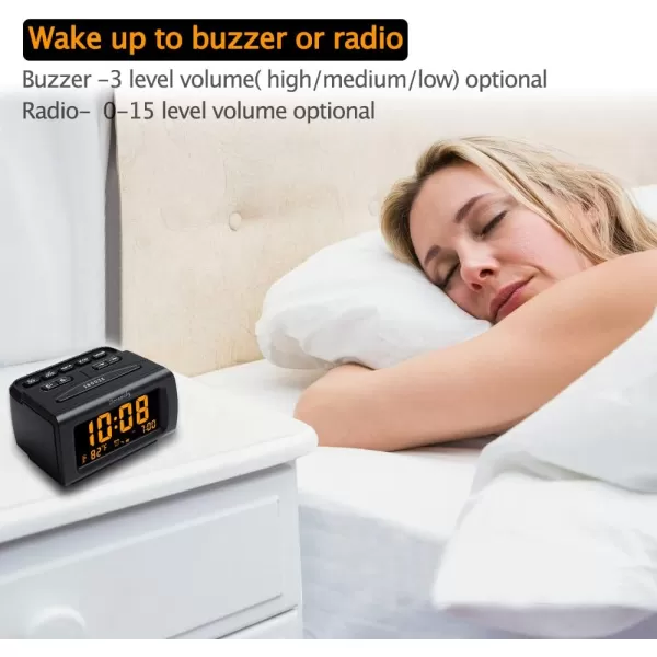 DreamSky Alarm Clock Radios for Bedrooms with Battery Backup Large Big Numbers with Brightness Dimmer USB Port Bedside Digital FM Radio with Sleep Timer Temperature Adjustable Volume SnoozeOrange