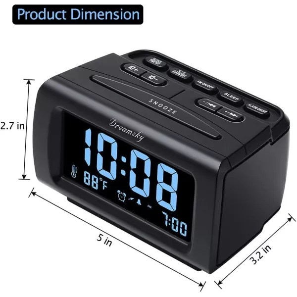 DreamSky Alarm Clock Radios for Bedrooms with Battery Backup Large Big Numbers with Brightness Dimmer USB Port Bedside Digital FM Radio with Sleep Timer Temperature Adjustable Volume SnoozeBlack