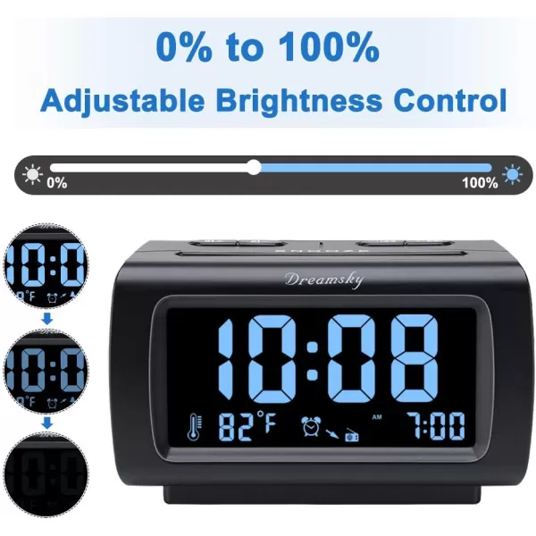 DreamSky Alarm Clock Radios for Bedrooms with Battery Backup Large Big Numbers with Brightness Dimmer USB Port Bedside Digital FM Radio with Sleep Timer Temperature Adjustable Volume SnoozeBlack