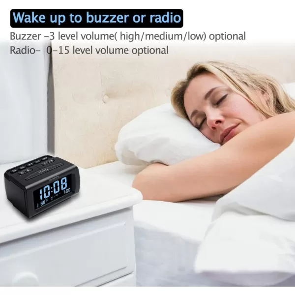 DreamSky Alarm Clock Radios for Bedrooms with Battery Backup Large Big Numbers with Brightness Dimmer USB Port Bedside Digital FM Radio with Sleep Timer Temperature Adjustable Volume SnoozeBlack