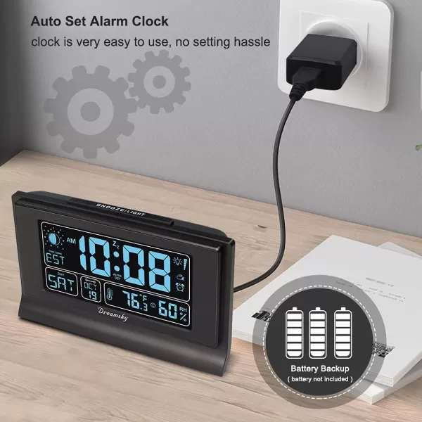 DreamSky Alarm Clocks for Bedrooms with Battery Backup Auto Set Digital Clock with Date and Day of Week Temperature USB Port Auto DST Dimmer 1224HBlackhumidity  Moon Phase