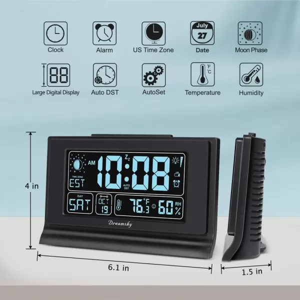 DreamSky Alarm Clocks for Bedrooms with Battery Backup Auto Set Digital Clock with Date and Day of Week Temperature USB Port Auto DST Dimmer 1224HBlackhumidity  Moon Phase