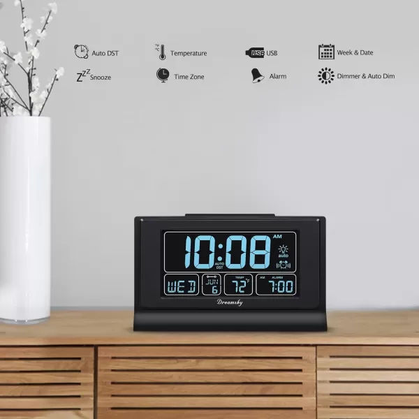 DreamSky Alarm Clocks for Bedrooms with Battery Backup Auto Set Digital Clock with Date and Day of Week Temperature USB Port Auto DST Dimmer 1224HBlack