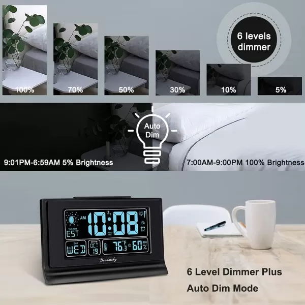 DreamSky Alarm Clocks for Bedrooms with Battery Backup Auto Set Digital Clock with Date and Day of Week Temperature USB Port Auto DST Dimmer 1224HBlackhumidity  Moon Phase