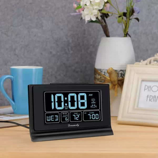 DreamSky Alarm Clocks for Bedrooms with Battery Backup Auto Set Digital Clock with Date and Day of Week Temperature USB Port Auto DST Dimmer 1224HBlack