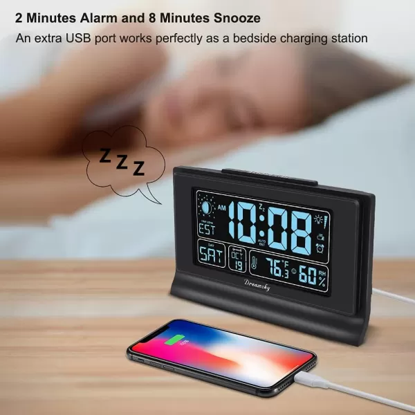 DreamSky Alarm Clocks for Bedrooms with Battery Backup Auto Set Digital Clock with Date and Day of Week Temperature USB Port Auto DST Dimmer 1224HBlackhumidity  Moon Phase