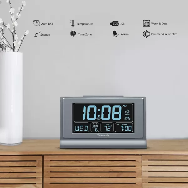 DreamSky Alarm Clocks for Bedrooms with Battery Backup Auto Set Digital Clock with Date and Day of Week Temperature USB Port Auto DST Dimmer 1224HGray