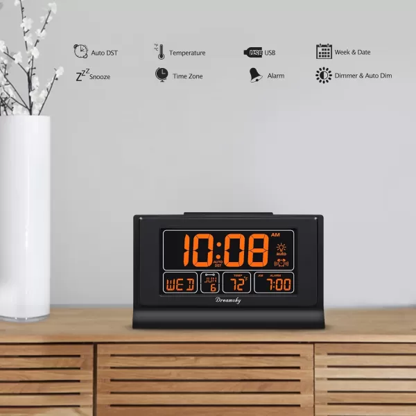 DreamSky Alarm Clocks for Bedrooms with Battery Backup Auto Set Digital Clock with Date and Day of Week Temperature USB Port Auto DST Dimmer 1224HOrange