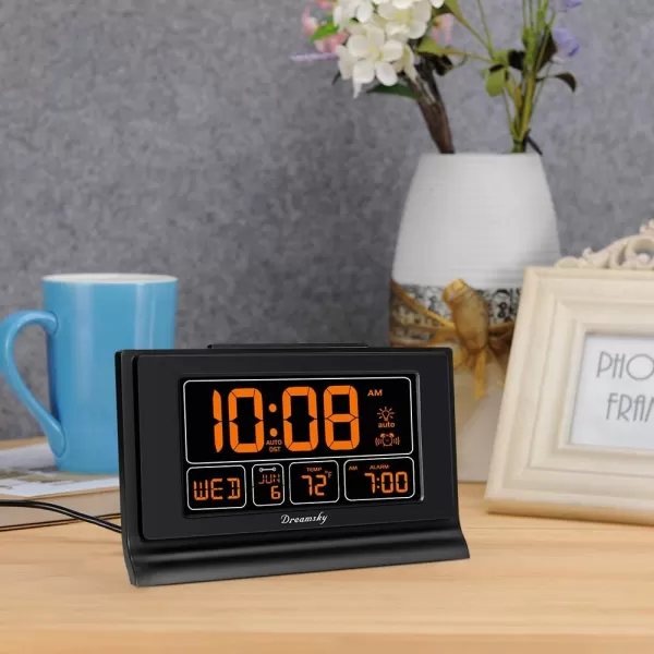 DreamSky Alarm Clocks for Bedrooms with Battery Backup Auto Set Digital Clock with Date and Day of Week Temperature USB Port Auto DST Dimmer 1224HOrange