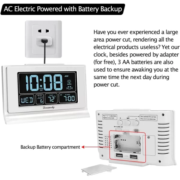 DreamSky Alarm Clocks for Bedrooms with Battery Backup Auto Set Digital Clock with Date and Day of Week Temperature USB Port Auto DST Dimmer 1224HWhite