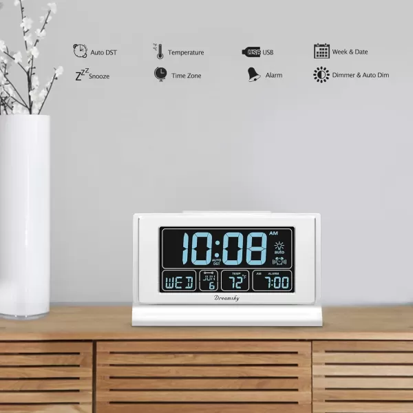 DreamSky Alarm Clocks for Bedrooms with Battery Backup Auto Set Digital Clock with Date and Day of Week Temperature USB Port Auto DST Dimmer 1224HWhite