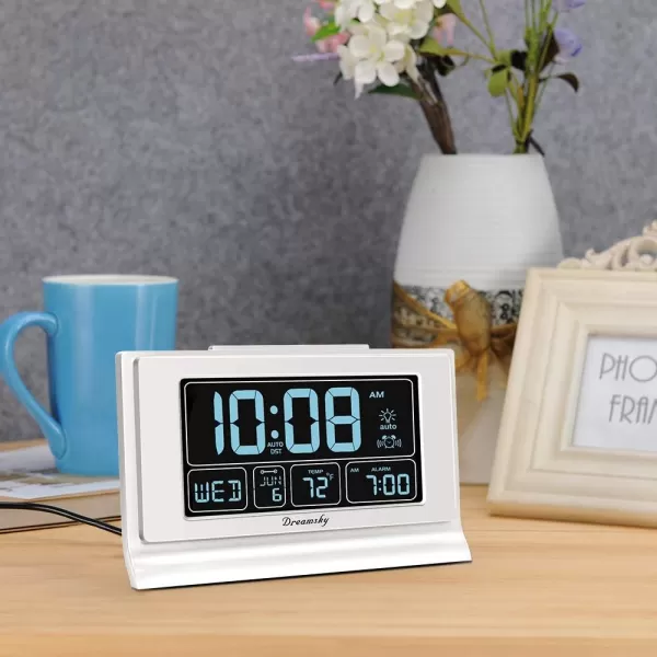 DreamSky Alarm Clocks for Bedrooms with Battery Backup Auto Set Digital Clock with Date and Day of Week Temperature USB Port Auto DST Dimmer 1224HWhite