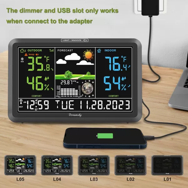 DreamSky Weather Station Indoor Outdoor Thermometer Wireless with Digital Atomic Clock Large Display with Adjustable Backlight Inside Outside Temperature Humidity Monitor Home Weather Thermometer