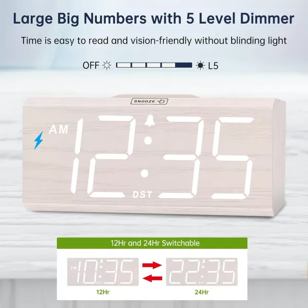 DreamSky Wooden Digital Alarm Clock with Wireless Charging for Bedroom Bedside Nightstand Clock with Charger Station USB Port Large Numbers Adjustable Volume Brightness Dimmer DSTWhite