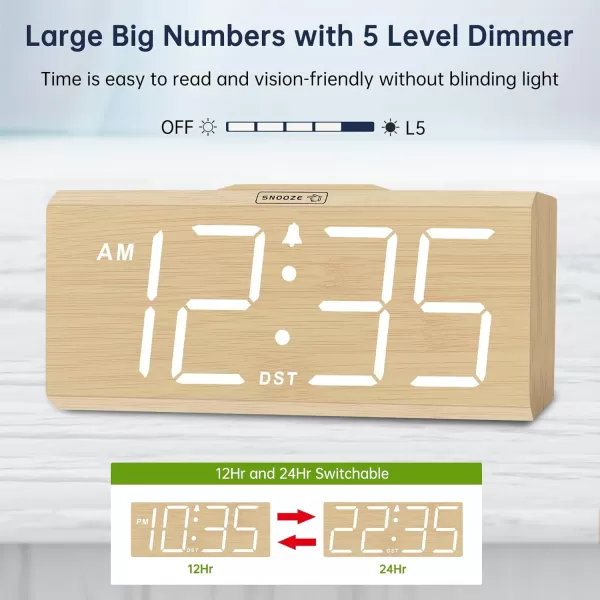 DreamSky Wooden Digital Alarm Clock with Wireless Charging for Bedroom Bedside Nightstand Clock with Charger Station USB Port Large Numbers Adjustable Volume Brightness Dimmer DSTBamboo