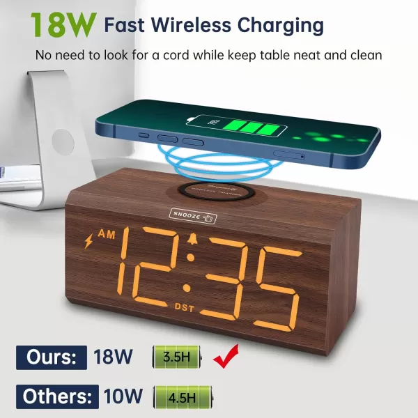 DreamSky Wooden Digital Alarm Clock with Wireless Charging for Bedroom Bedside Nightstand Clock with Charger Station USB Port Large Numbers Adjustable Volume Brightness Dimmer DSTBrown