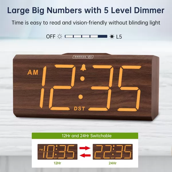 DreamSky Wooden Digital Alarm Clock with Wireless Charging for Bedroom Bedside Nightstand Clock with Charger Station USB Port Large Numbers Adjustable Volume Brightness Dimmer DSTBrown